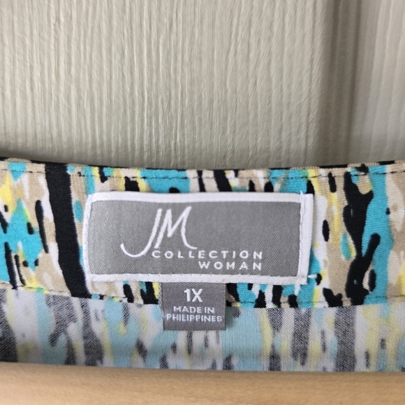 JM Collection Tunic Blouse Women 1X Blue White Tie Front Stretchy Colorful - Picture 12 of 14